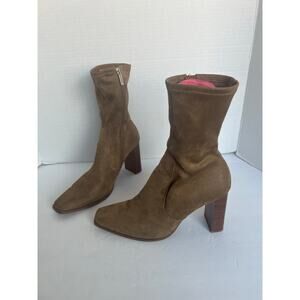 ZARA Beige Faux Suede Stretch Fabric Ankle Square Toe Block Heels Zip Boots 8